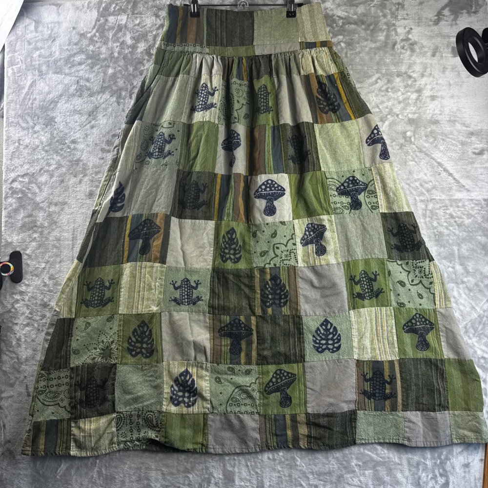 Lakhays Patchwork Maxi Skirt Women M/L Green Mushroom Frog Boho Cotton (1885)